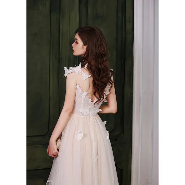 Fashion White Lace Butterfly Prom Dresses 2022 A-Line / Princess Scoop Neck Sleeveless Backless Floor-Length / Long Formal Dresses