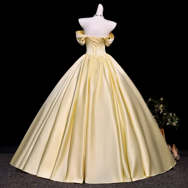 Vintage / Retro Yellow Rhinestone Prom Dresses 2026 Ball Gown Off-The-Shoulder Short Sleeve Backless Floor-Length / Long Formal Dresses