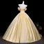 Vintage / Retro Yellow Rhinestone Prom Dresses 2026 Ball Gown Off-The-Shoulder Short Sleeve Backless Floor-Length / Long Formal Dresses
