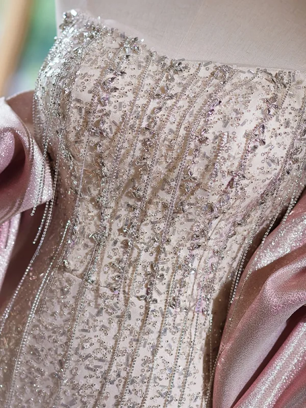 Charmant Rougissant Rose Perlage Faux Diamant Robe De Bal 2024 Trompette / Sirène Encolure Dégagée Manches Courtes Dos Nu Noeud Longue Promo Robe De Ceremonie