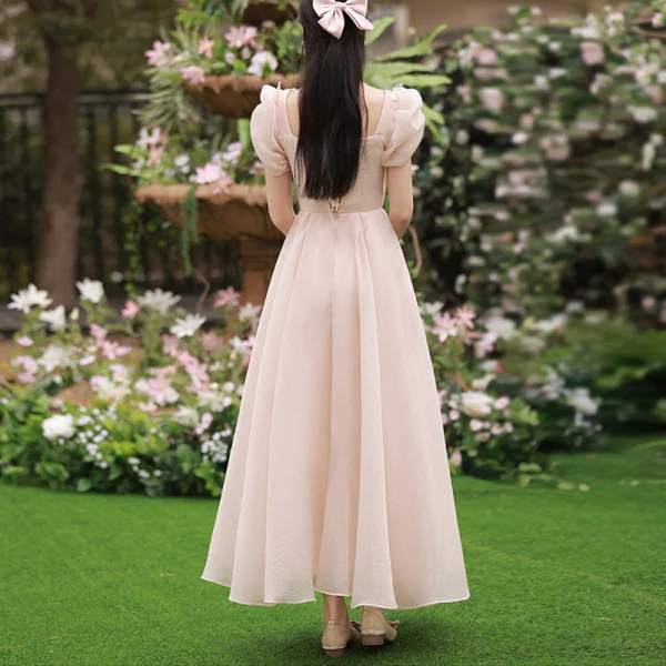 Modest / Simple Blushing Pink Bridesmaid Dresses 2022 A-Line / Princess Backless Bow Floor-Length / Long Bridesmaid Wedding Party Dresses