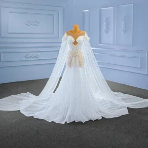 Elegant High End White Beading Pearl Wedding Dresses 2023 Trumpet Mermaid Scoop Neck Short Sleeve Royal Train Wedding