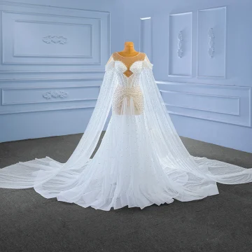 Élégant Haut De Gamme Blanche Perlage Perle Robe De Mariée 2023 Trompette Sirène Encolure Dégagée Manches Courtes Royal Train Mariage