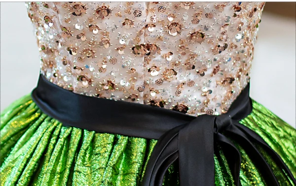 Elegant Green Sequins Prom Dresses 2024 Ball Gown V-Neck Puffy Short Sleeve Backless Bow Sash Floor-Length / Long Prom Formal Dresses