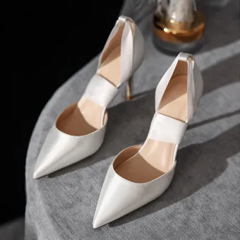 Fashion Ivory Satin Wedding Shoes Wedding High Heels 2022 10 Cm Stiletto Heels Bow Ankle Strap Pointed Toe Wedding Shoes