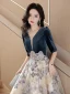 Mode Bleu Marine Impression Robe De Bal 2023 Princesse V-Cou 1/2 Manches Longue Promo Robe De Ceremonie
