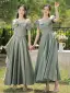 Simple Vert Cendré Satin Robe Demoiselle D'honneur 2022 Princesse Manches Courtes Dos Nu Noeud Longue Robe Demoiselle D'honneur