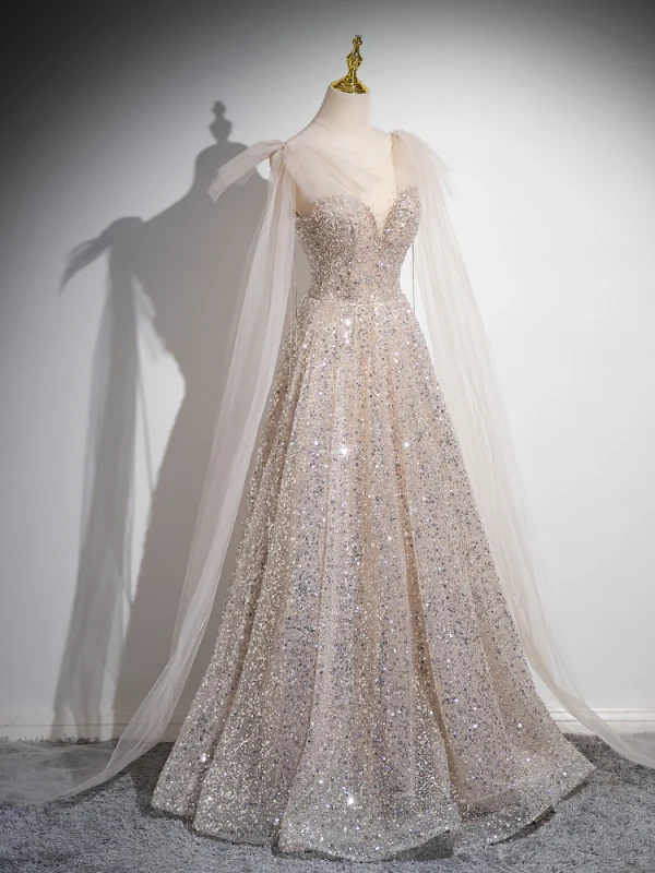 Charming Champagne Beading Sequins Prom Dresses 2024 A-Line / Princess Scoop Neck Short Sleeve Backless Floor-Length / Long Prom Formal Dresses