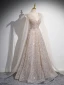 Charming Champagne Beading Sequins Prom Dresses 2024 A-Line / Princess Scoop Neck Short Sleeve Backless Floor-Length / Long Prom Formal Dresses