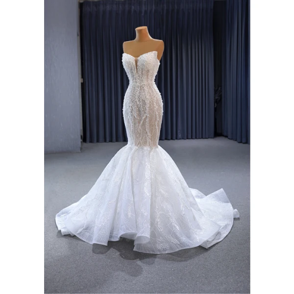 Luxury / Gorgeous Sexy White Beading Pearl Glitter Wedding Dresses 2023 Trumpet / Mermaid Strapless Sleeveless Backless Sweep Train Wedding