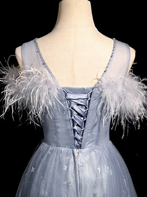 Chic / Beautiful Sky Blue Lace Flower Tassel Prom Dresses 2024 A-Line / Princess Scoop Neck Sleeveless Backless Floor-Length / Long Prom Formal Dresses