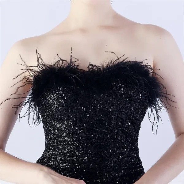 Sexy Black Sequins Evening Dresses 2024 Trumpet / Mermaid Strapless Tassel Sleeveless Backless Floor-Length / Long Evening Party Formal Dresses