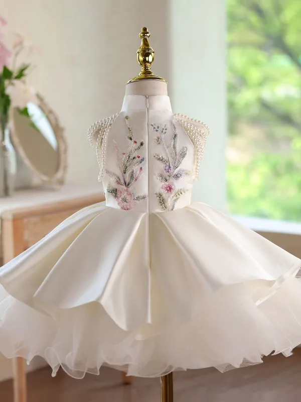 Vintage / Retro Ivory Appliques Beading Pearl Sequins Birthday Flower Girl Dresses 2026 Ball Gown Sleeveless Backless Short