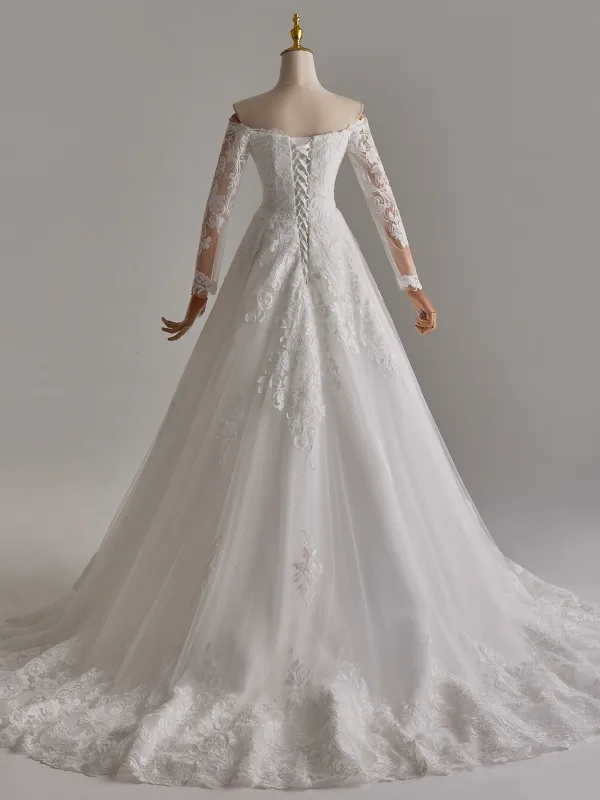 Élégant Blanche En Dentelle Fleur Robe De Mariée 2025 Robe Boule De l'épaule Manches Longues Dos Nu Train De Balayage