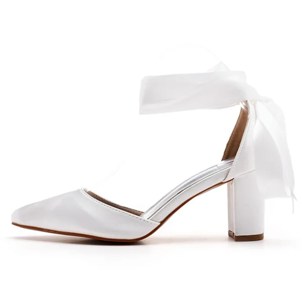 Fashion Ivory 7 cm Thick Heels Pointed Toe Wedding Shoes 2024 Ankle Strap Wedding Sandals High Heels