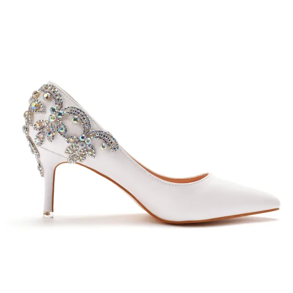 Charmant Witte Rhinestone Bruidsschoenen 2023 7 cm Naaldhakken / Stiletto Spitse Neus Huwelijk Pumps Hoge Hakken