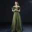 Vintage / Originale Olive Verte De l'épaule Robe De Bal 2021 Princesse Bretelles croisées Volants Manches Courtes Couleur Unie Satin Train De Balayage Robe De Soirée