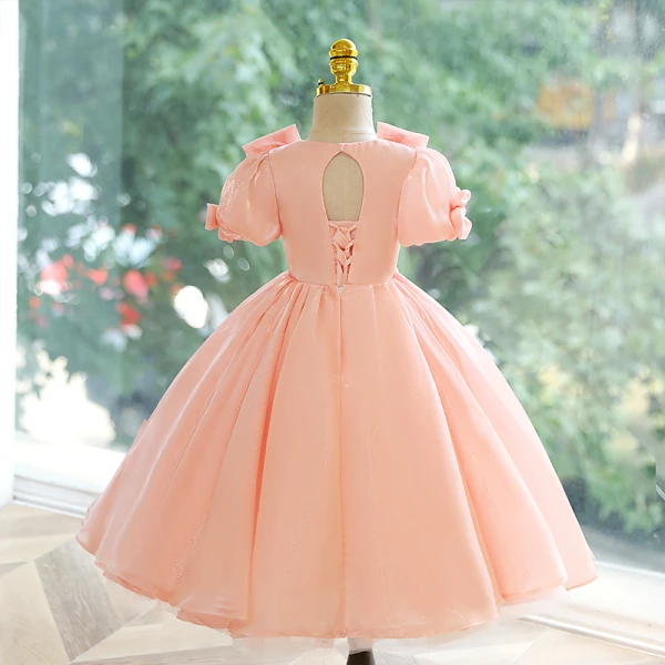 Chic / Belle Rougissant Rose Perlage Paillettes Anniversaire Robe Ceremonie Fille 2023 Robe Boule Encolure Dégagée Manches Courtes Dos Nu Longue Robe Ceremonie Fille