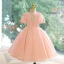 Chic / Belle Rougissant Rose Perlage Paillettes Anniversaire Robe Ceremonie Fille 2023 Robe Boule Encolure Dégagée Manches Courtes Dos Nu Longue Robe Ceremonie Fille