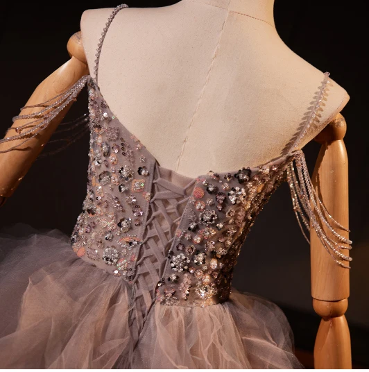 High-end Grey Beading Pearl Sequins Cascading Ruffles Prom Dresses 2024 Ball Gown Spaghetti Straps Sleeveless Backless Floor-Length / Long Prom Formal Dresses