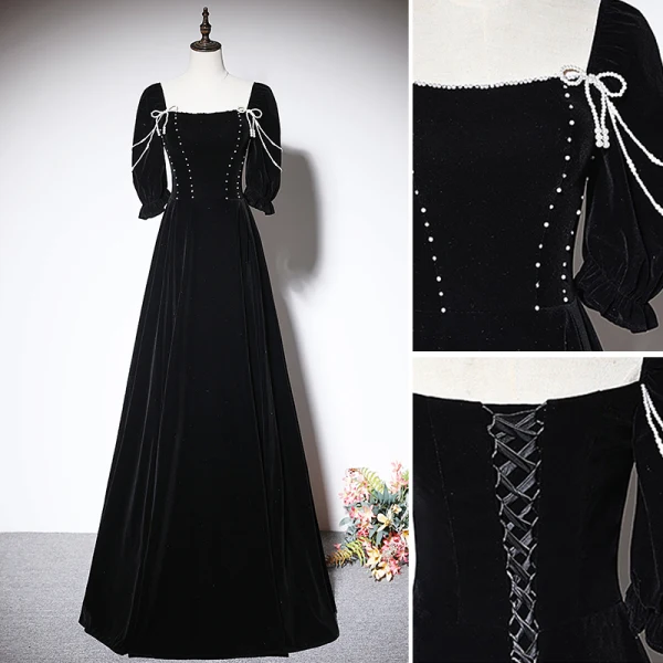 Elegant Black Pearl Evening Dresses 2023 A-Line / Princess Square Neckline Short Sleeve Backless Floor-Length / Long Evening Party Formal Dresses