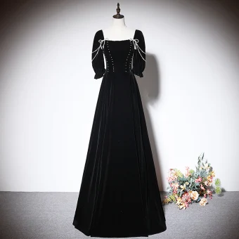 Élégant Noire Perle Robe De Soirée 2023 Princesse Encolure Carrée Manches Courtes Dos Nu Longue Soirée Robe De Ceremonie