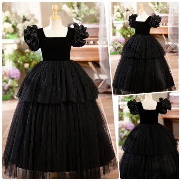 Chic Beautiful Black Cascading Ruffles Birthday Flower Girl Dresses 2024 Square Neckline Ball Gown Puffy Short Sleeve Backless Floor Length Long