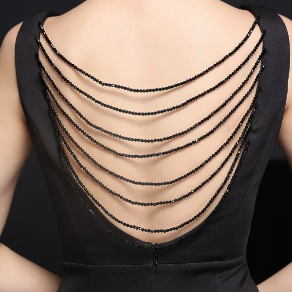 Sexy Black Beading Split Front Evening Dresses 2022 Trumpet / Mermaid V-Neck Sleeveless Backless Floor-Length / Long Evening Party Formal Dresses