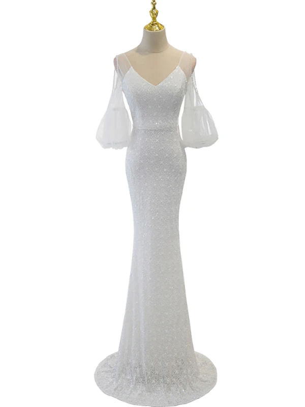 Sparkly White Sequins Evening Dresses 2023 Trumpet / Mermaid V-Neck Short Sleeve Backless Floor-Length / Long Evening Party Formal Dresses