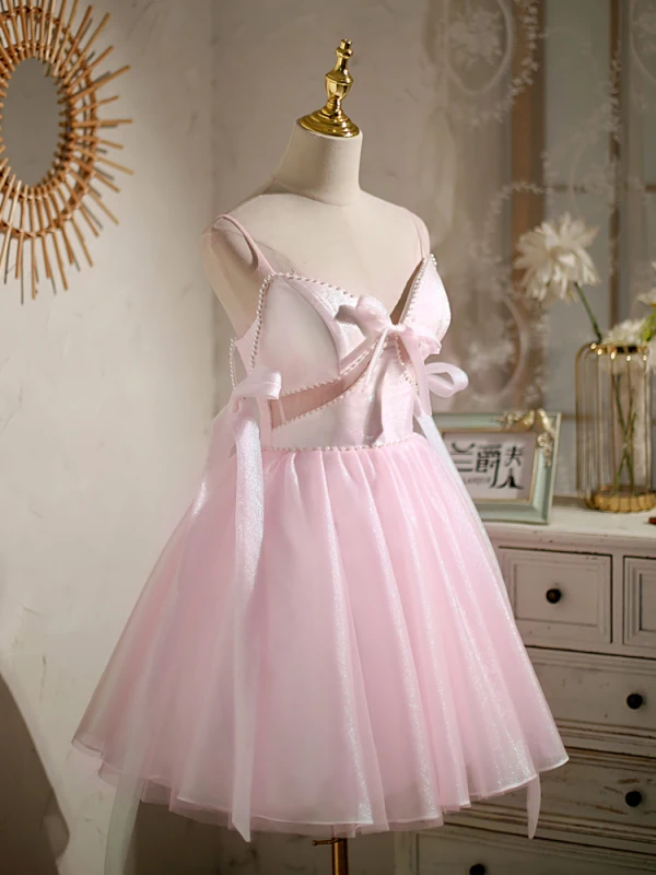 Sexy Pink Perle Geburtstag Partykleider 2022 A Linie Spaghettiträger Ärmellos Rückenfreies Schleife Kurze Cocktail Festliche Kleider