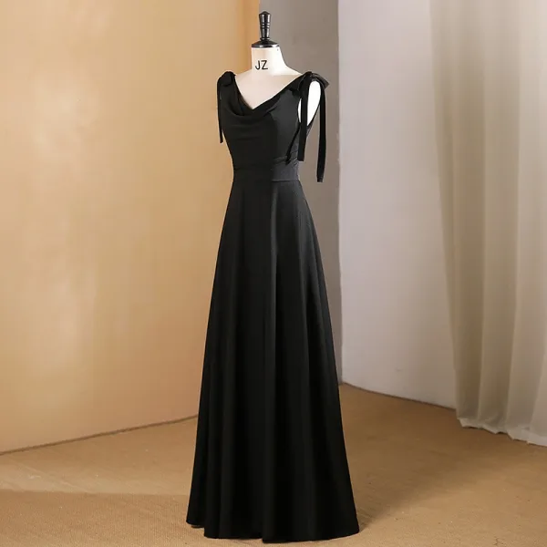 Modest / Simple Black Pearl Prom Dresses 2024 A-Line / Princess V-Neck Sleeveless Backless Floor-Length / Long Prom Formal Dresses