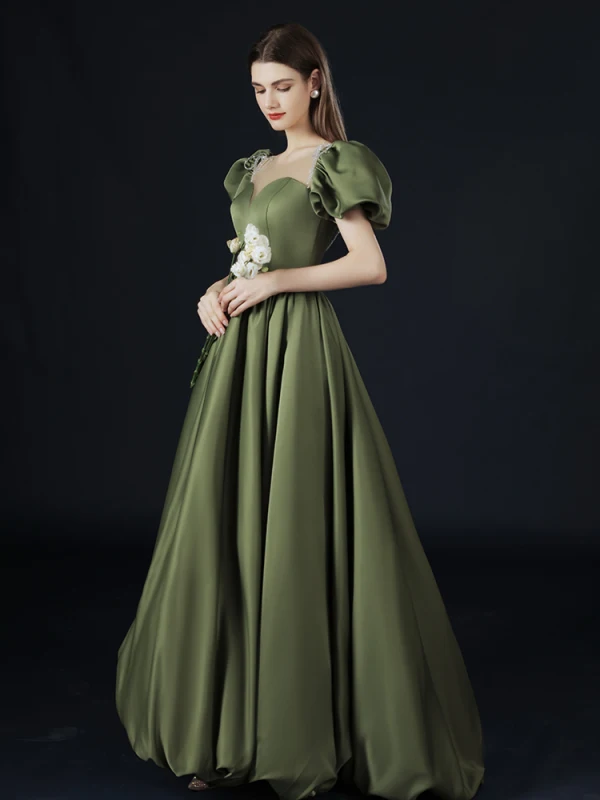 Vintage / Retro Olive Green Prom Dresses 2021 A-Line / Princess Short Sleeve Scoop Neck Crossed Straps Beading Pearl Ruffle Satin Floor-Length / Long Formal Dresses