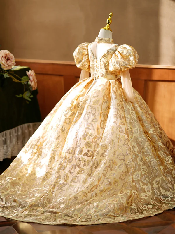 High-end Gold Beading Pearl Rhinestone Sequins Birthday Flower Girl Dresses 2023 Ball Gown High Neck Puffy 3/4 Sleeve Floor-Length / Long Flower Girl Dresses