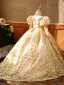 High-end Gold Beading Pearl Rhinestone Sequins Birthday Flower Girl Dresses 2023 Ball Gown High Neck Puffy 3/4 Sleeve Floor-Length / Long Flower Girl Dresses