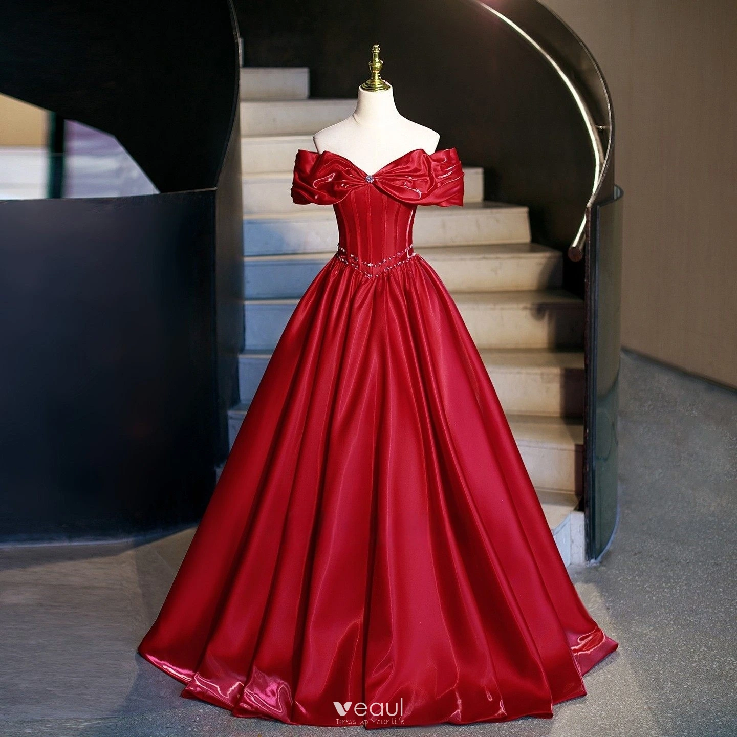 Vintage / Retro Red Rhinestone Prom Dresses 2026 Ball Gown Off-The-Shoulder Sleeveless Backless Floor-Length / Long Formal Dresses Vintage / Retro Red Rhinestone Prom Dresses 2026 Ball Gown Off-The-Shoulder Sleeveless Backless Floor-Length / Long Formal Dresses