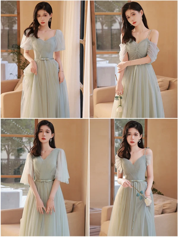 Simple Vert Cendré Robe Demoiselle D'honneur 2022 Princesse Manches Courtes Dos Nu Noeud Ceinture Longue Demoiselle D'honneur Robe De Ceremonie