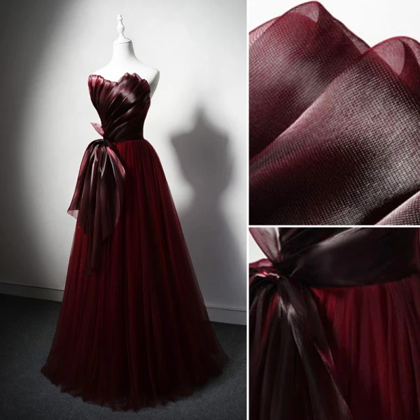 Charming Burgundy Bow Evening Dresses 2023 A-Line / Princess Strapless Sleeveless Backless Floor-Length / Long Evening Party Formal Dresses