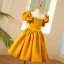 Chic / Beautiful Yellow Pearl Birthday Short Flower Girl Dresses 2023 Scoop Neck Puffy Short Sleeve Flower Girl Dresses