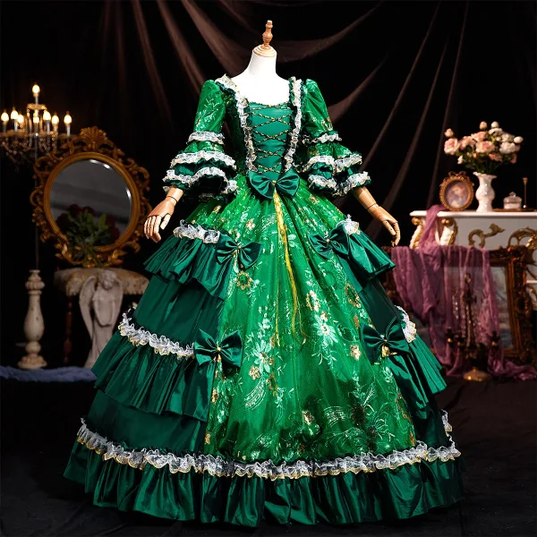 Medieval Vintage / Retro Dark Green Lace Flower Sequins Bow Prom Dresses 2025 Ball Gown Square Neckline Bell sleeves Floor-Length / Long Prom Formal Dresses