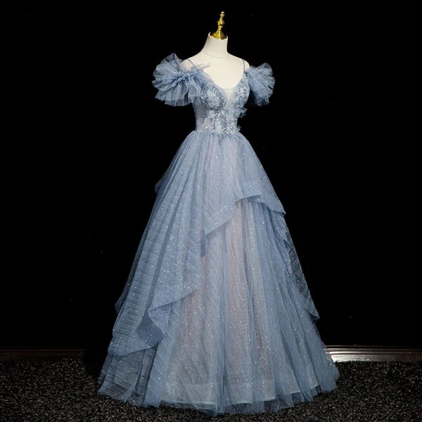 Bling Bling Himmelblau Perlenstickerei Strass Pailletten Ballkleider 2023 A Linie Spaghettiträger Rüschen Kurze Ärmel Rückenfreies Lange Ball Festliche Kleider