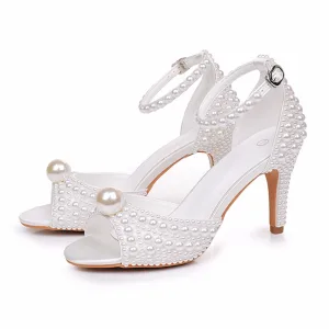 Elegant White Pearl Ankle Strap Wedding Shoes 2026 8 Cm Stiletto Heels Open Peep Toe Wedding Sandals High Heels