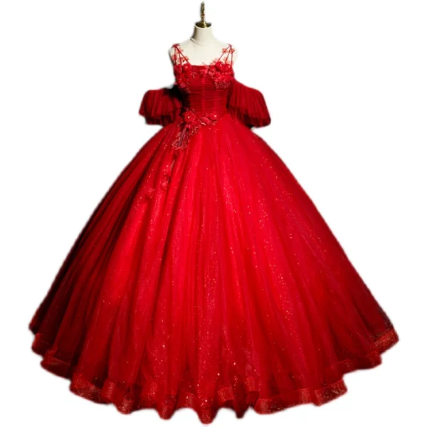 Elegant Red Beading Lace Flower Appliques Prom Dresses 2023 Ball Gown Spaghetti Straps Rhinestone Short Sleeve Backless Floor-Length / Long Prom Formal Dresses