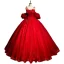 Elegant Red Beading Lace Flower Appliques Prom Dresses 2023 Ball Gown Spaghetti Straps Rhinestone Short Sleeve Backless Floor-Length / Long Prom Formal Dresses