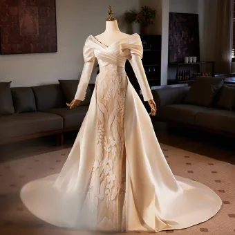 Vintage Originale Champagne Satin Robe De Mariée 2024 Trompette Sirène V Cou Manches Longues Dos Nu Train De Balayage Mariage