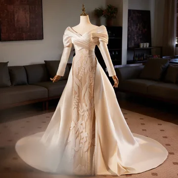 Vintage Retro Champagne Satin Wedding Dresses 2024 Trumpet Mermaid V Neck Long Sleeve Backless Sweep Train Wedding