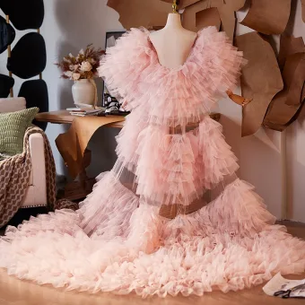 Fashion Blushing Pink Cascading Ruffles Short Sleeve Prom Shawl 2025 Tulle