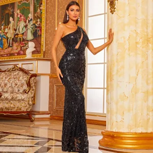 Sparkly Sexy Black Sequins Evening Dresses 2022 Trumpet Mermaid One Shoulder Sleeveless Backless Floor Length Long Evening Party Formal Dresses