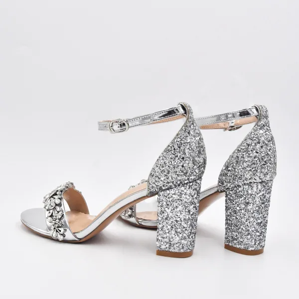 Charmant Silber Strass Pailletten Brautschuhe 2023 Knöchelriemen 8 cm Thick Heels Peeptoes Hochzeit Sandaletten Hochhackige