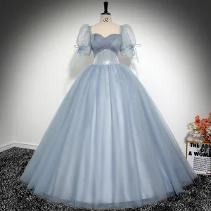 Élégant Bleu Ciel Paillettes Robe De Bal 2024 Robe Boule Encolure Carrée Gonflée Manches Courtes Dos Nu Longue Promo Robe De Ceremonie