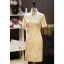 Chinese style Yellow Printing Prom Cheongsam 2025 Trumpet / Mermaid Silk High Neck Short Sleeve Tea-length